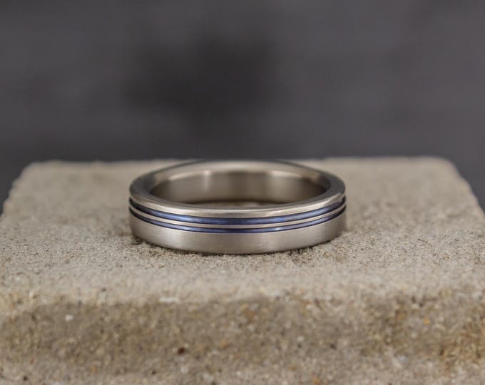 Handmade Matte Titanium Wedding Ring with Blue Anodized Inlays. (00014_4N)
