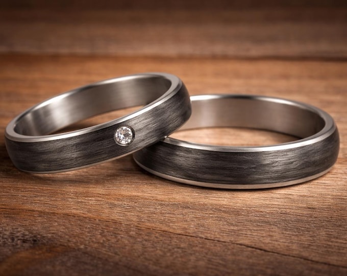 Matte Titanium & Carbon Fiber Wedding Band Set with Swarovski Crystal. (00305_4S4N)