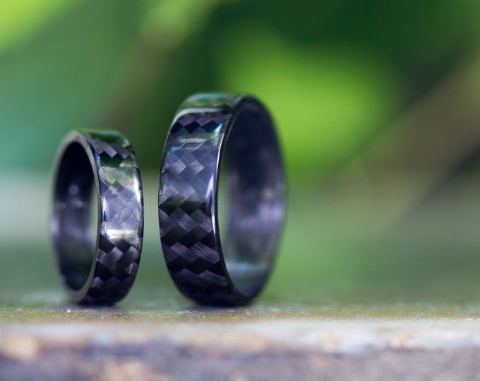 Glossy Black Carbon Fiber Wedding Band Set