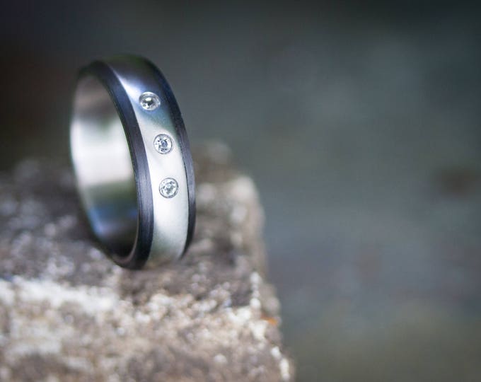 Matte Titanium Carbon Fiber Ring with Swarovski Crystals, Handmade. (00302_4S3)
