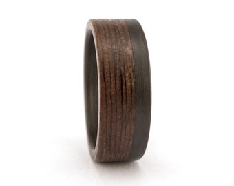 Matte carbon fiber and bentwood ring for him. Black flat wenge wood mens wedding band. Wooden engagement ring  (00416_8N)