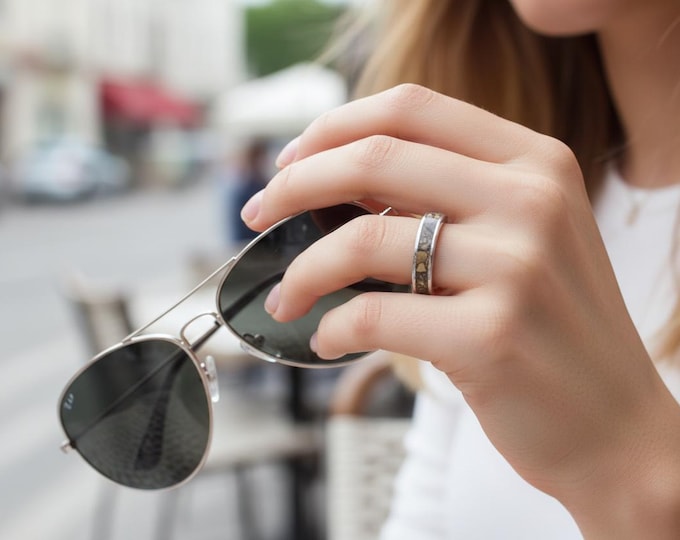 Handmade Titanium Ring with Brown Jasper Stone Inlay, Wedding Band. (03223_4N)