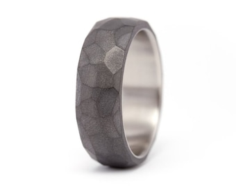 Titanium and graphite ring. Hammered wedding band. Matte graphite and titanium engagement ring  (01301_7N)