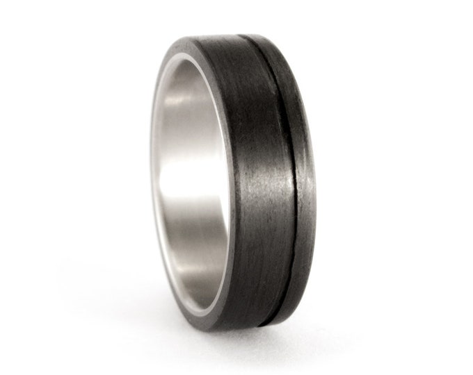Handmade Matte Titanium Ring, Carbon Fiber Inlay, Mens Wedding Band. (00346_7N)