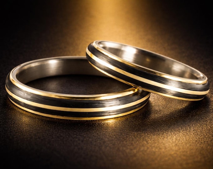 Titanium Wedding Rings: 18K Gold & Carbon Fiber Bands. (00559_4N4N)