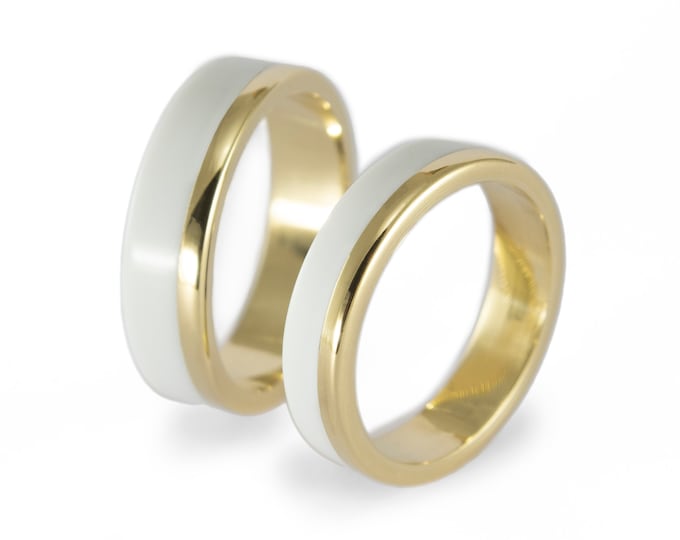 18K Yellow Gold Corian Wedding Band Set, Flat White Engagement Rings. (00411_4N5N)