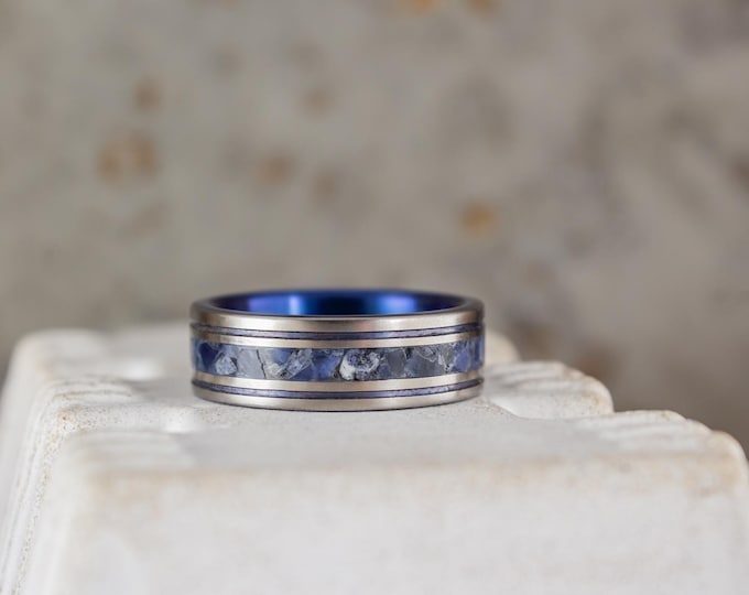 Handmade Titanium Ring: Lapis Lazuli Band, Blue Anodized. (03201_6N)