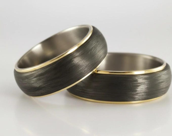 Titanium Wedding Ring Set, 18K Yellow Gold & Carbon Fiber Band. (00422_7N7N) FREE TAXES