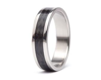 Titanium and carbon fiber ring for him . Black mens engagement band. Polished titanium and glossy carbon fiber wedding band  (00335_7N)