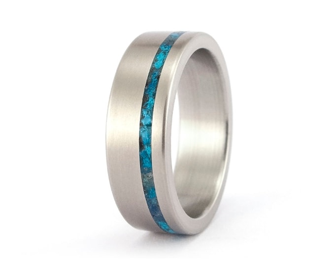 Matte Titanium Ring with Chrysocolla Inlay - Handmade Wedding Band.