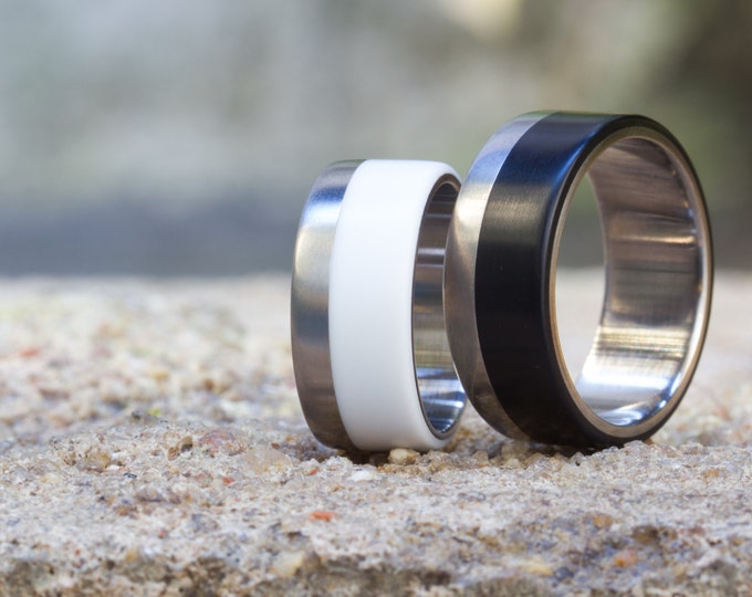 Titanium Ring Set, Black & White Resin, Modernist Bands. (02508_8N_02504_8N)