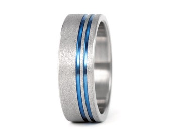 Titanium ring with blue anodized inlays. Sandblasted titanium mens wedding ring. Rounded titanium engagement ring for him (00010_7N)