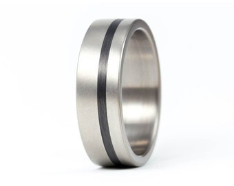 Titanium and carbon fiber ring for him. Matte titanium mens wedding band. Flat and black engagement ring for him (00313_7N)