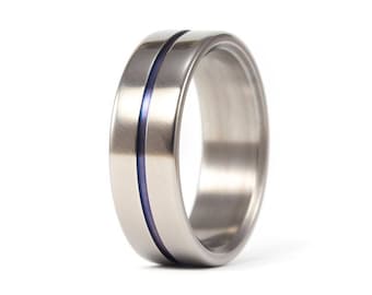 Titanium ring with blue anodized inlay. Polished titanium mens wedding ring. Titanium engagement ring for him with blue anodized (00016_7N)