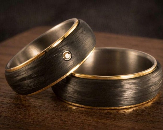 Handmade Titanium Wedding Ring Set: Carbon Fiber & 18K Gold, Swarovski Crystal. (00422_7S7N)