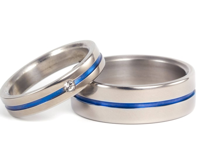 Titanium Wedding Ring Set, Blue Anodized Inlay, Swarovski Crystal. (00016_4S_7N)