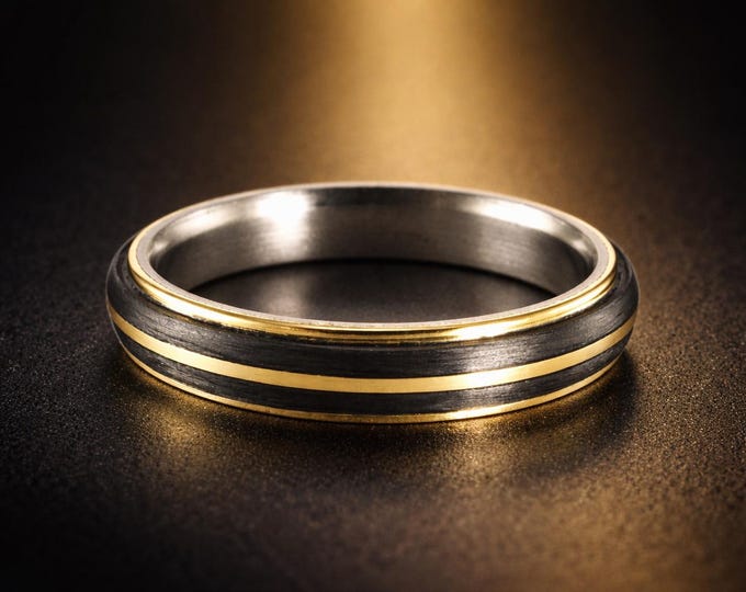 Titanium Wedding Ring, 18K Gold and Carbon Fiber Band. (00559_4N)