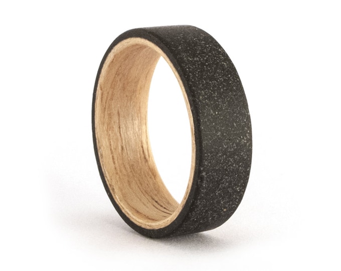 Matte Black Concrete & Oak Wood Ring, Men's Wedding Band. (00905_7N)