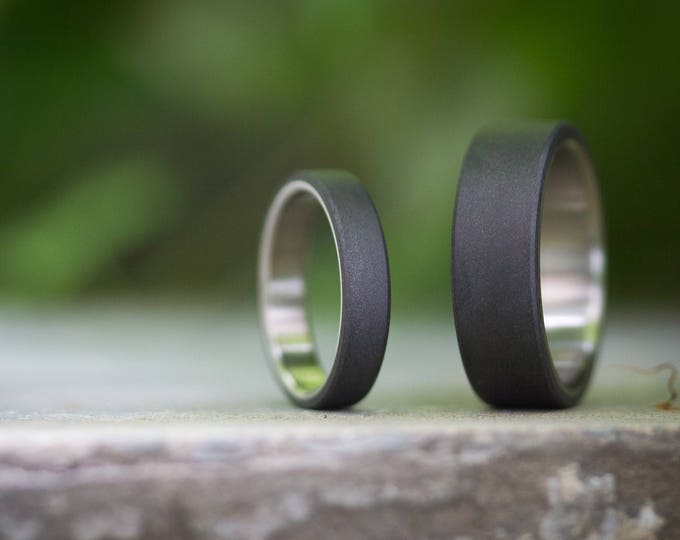 Handmade Titanium Graphite Wedding Ring Set, Matte Matching Bands. (01300_4N7N)