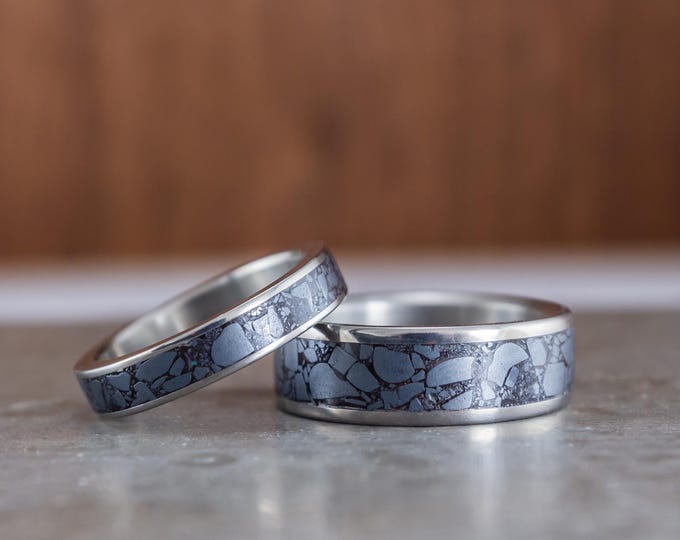 Titanium Wedding Bands with Hematite Stone Inlay, Matching Rings. (03230_4N7N)