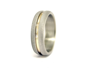 Sandblasted titanium and yellow gold 18ct ring. Sandblasted rounded wedding band. Golden engagement ring (01558_7N)