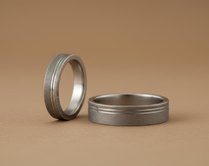 Sandblasted Titanium Wedding Ring Set, Flat Matching Bands. (00013_4N7N)