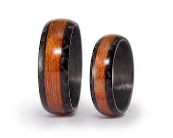 Glossy twill Carbon Fiber and wood bands. Wedding bands set. Cedar wood (10222_6N8N)