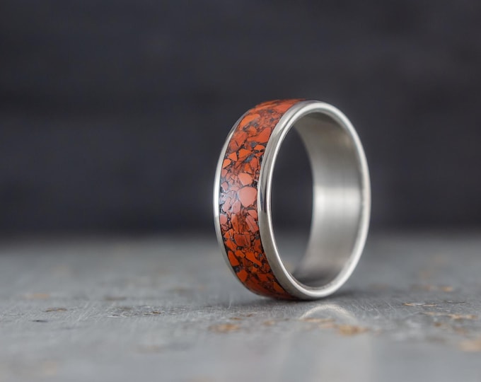 Titanium Ring with Red Jasper Inlay, Handmade Wedding Band. (03231_7N)
