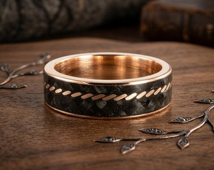 18K Yellow Gold & Carbon Fiber Wedding Band Ring. (44707_7N)