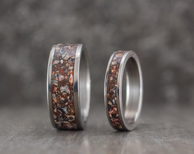 Featured listing image: Titanium wedding bands with leopard jasper semi precious stone. Flat polished titanium brown and red matching wedding rings. (03228_4N8N)