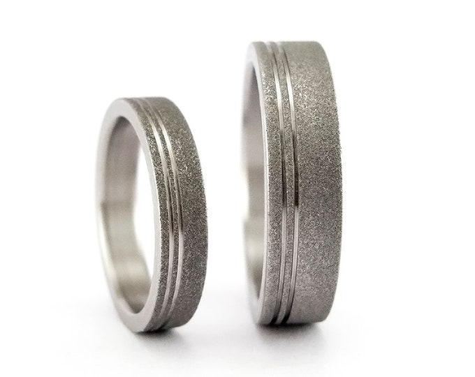 Sandblasted Titanium Wedding Ring Set, Flat Matching Bands. (00013_4N7N)