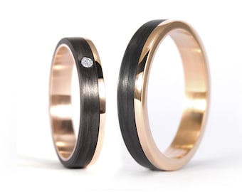 18K rose gold and carbon fiber ring. Black and gold wedding band. Unique design gold black wedding ring set (00444_4D4N)