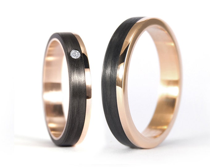 Featured listing image: 18K rose gold and carbon fiber ring. Black and gold wedding band. Unique design gold black wedding ring set (00444_4D4N)