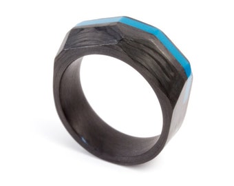 Carbon fiber faceted ring for him. Geometric black and turquoise mens wedding band. Alternative wedding band. Matte mens ring (00115_7N)