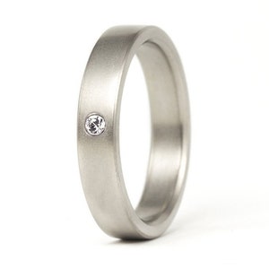 Matte titanium ring for her. Flat women wedding ring with Swarovski crystal. Hypoallergenic engagement ring. Lightweight band  (00002_4S1)