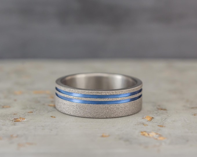 Sandblasted Titanium Ring, Blue Anodized Inlays - Handmade Wedding Band. (00010_7N)