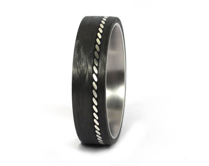 Carbon Fiber Titanium Ring with Silver Inlay, Lightweight Band