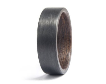 Matte carbon fiber and wenge wood ring for him. Black flat wooden wedding band. Wood and carbon fiber engagement ring for him.  (00407_7N)