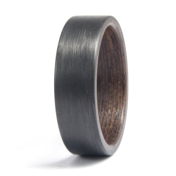 Matte carbon fiber and wenge wood ring for him. Black flat wooden wedding band. Wood and carbon fiber engagement ring for him.  (00407_7N)