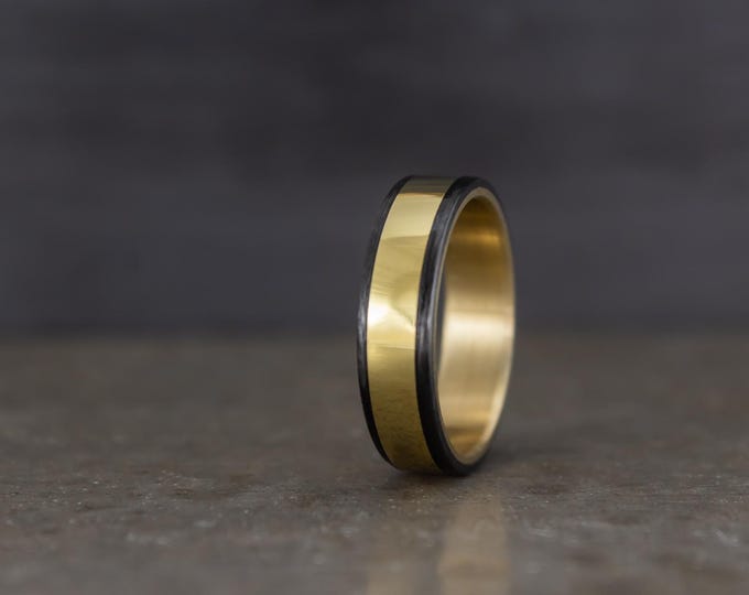Yellow Gold Ring with Matte Carbon Fiber Bands, Black Wedding Band. (004703_ 6N)