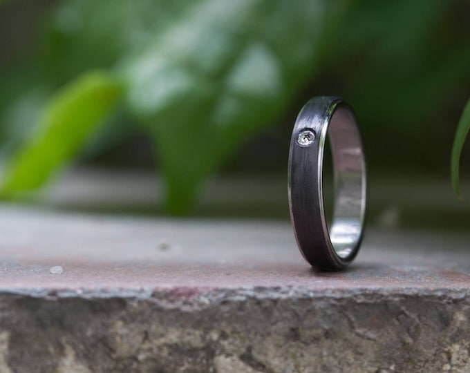 Titanium Carbon Fiber Ring, Swarovski Crystal Accent, Handmade Band. (00305_4S)