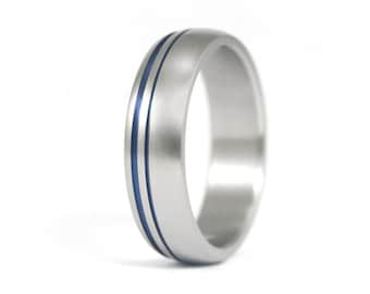 Matte titanium ring with blue anodized inlays. Round mens wedding ring. Titanium engagement ring for him. (00025_7N)