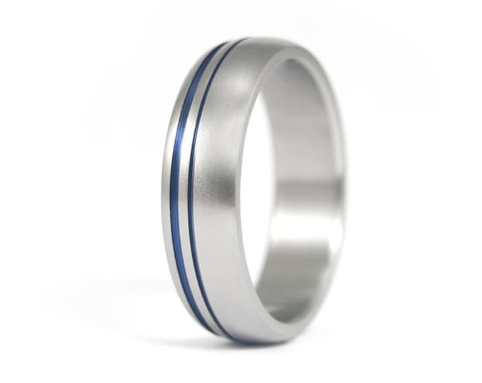 Matte Titanium Ring with Blue Anodized Inlays, Mens Wedding Band. (00025_7N)
