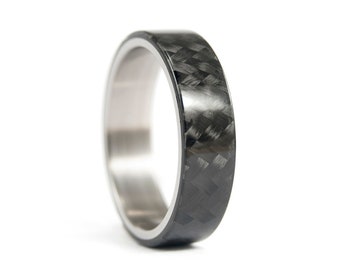 Titanium and glossy carbon fiber ring for him. Black men's wedding band. Flat and glossy band. Engagement ring for him. (00312_6N)