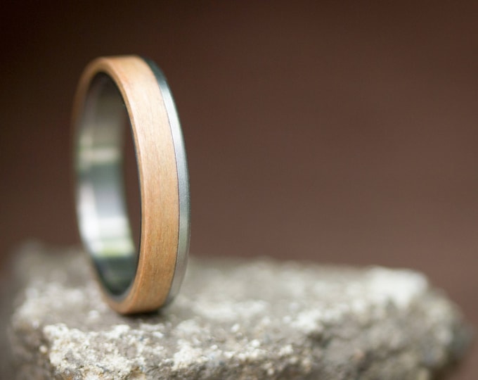 Handmade Titanium Oak Wood Ring, Matte Finish Wedding Band. (00519_4N)