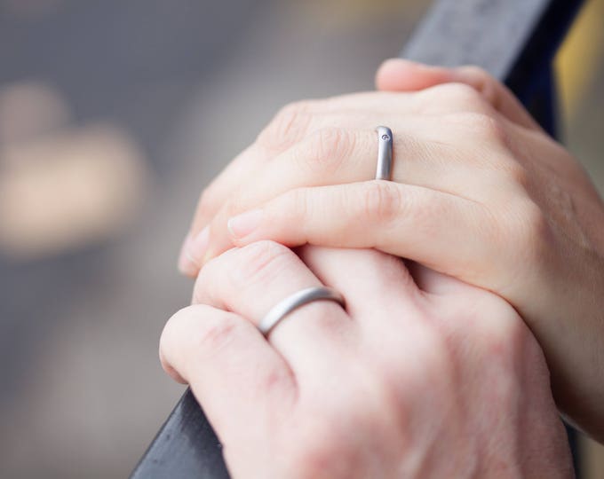 Matte Titanium Wedding Band Set with Diamond, Lightweight Rings. (00003_3D_3N)