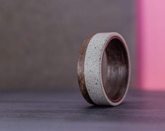 Matte Gray Concrete & Wenge Wood Ring - Handmade Men's Band. (00901_8N)