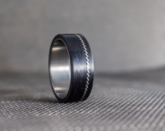 Titanium Carbon Fiber Ring with Silver Braid Inlay, Mens Wedding Band.