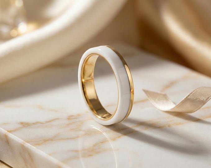 18K Yellow Gold Ring with White Corian Band, Handmade Flat Wedding Band. (00411_ 4N)