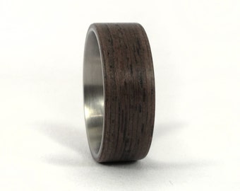 Titanium and bentwood ring for him. Wooden matte finishing mens wedding band. Titanium and dark wenge wood flat engagement ring (00507_7N)